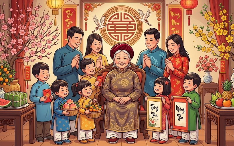 Bà Thọ Vector Kết Hợp Gia Đình – Con Cháu