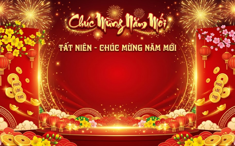 Backdrop Tất Niên Vector Tông Đỏ – Vàng Truyền Thống, Mang Ý Nghĩa May Mắn