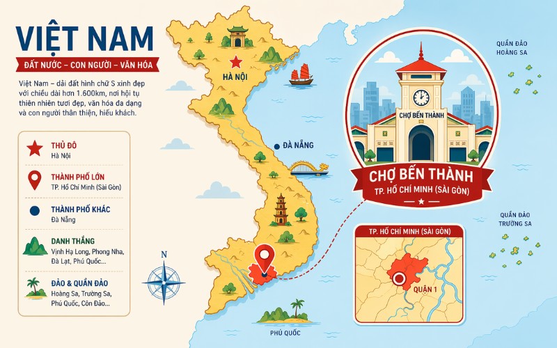 Chợ Bến Thành + Bản đồ Việt Nam