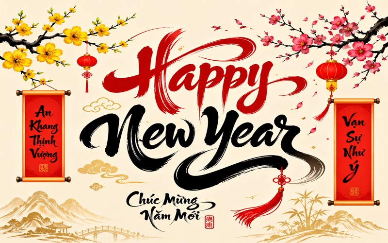 Chữ Happy New Year thư pháp vector – đậm chất Tết Việt