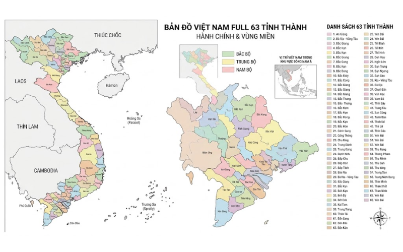 Mẫu Bản Đồ Việt Nam Full 63 Tỉnh Thành