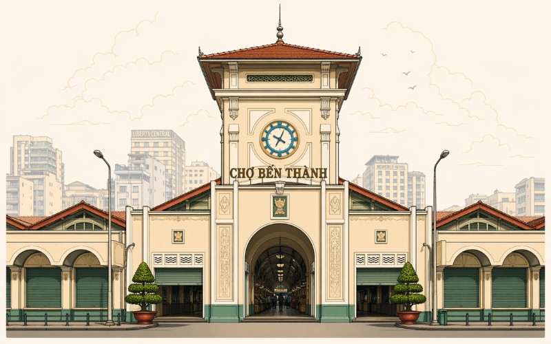 Phong cách Chợ Bến Thành vector truyền thống – chi tiết cổ điển