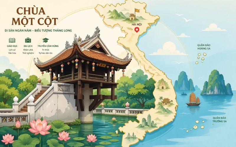 Vector Chùa Một Cột kết hợp bản đồ Việt Nam