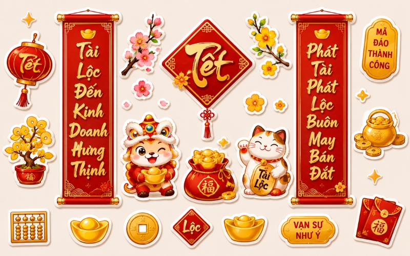 Câu đối Tết mini, sticker trang trí