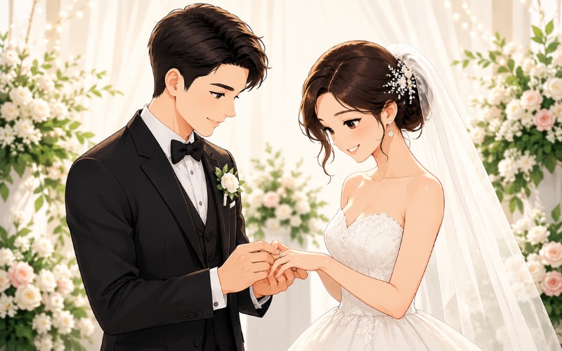 Hình chú rể cô dâu trao nhẫn cưới