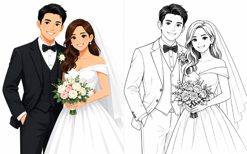 Hình cô dâu chú rể vector full màu & trắng đen