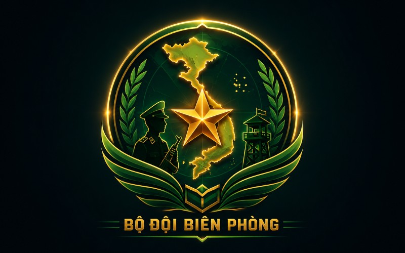Logo bộ đội biên phòng kết hợp núi rừng, sương mù nhẹ