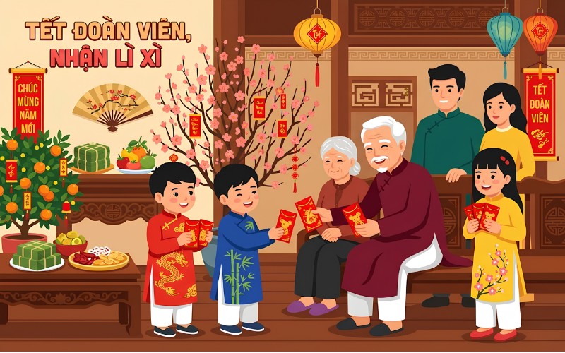 Tết đoàn viên vector kết hợp lì xì – trẻ em