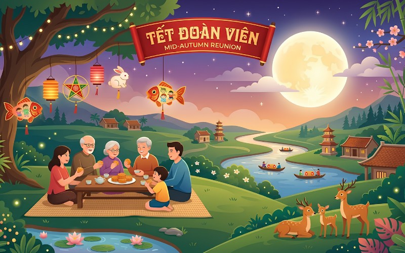 Tết đoàn viên vector kết hợp thiên nhiên & phong cảnh