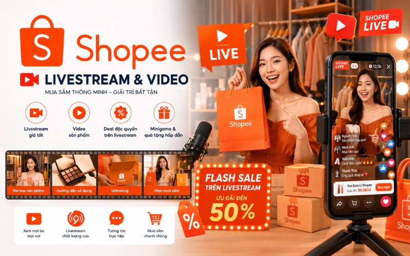 Ảnh logo Shopee + livestream & video