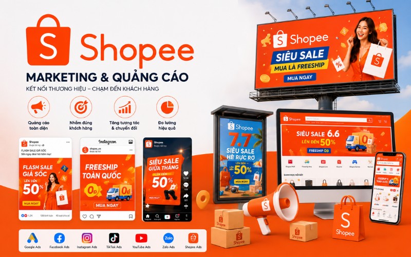 Ảnh logo Shopee + marketing & quảng cáo