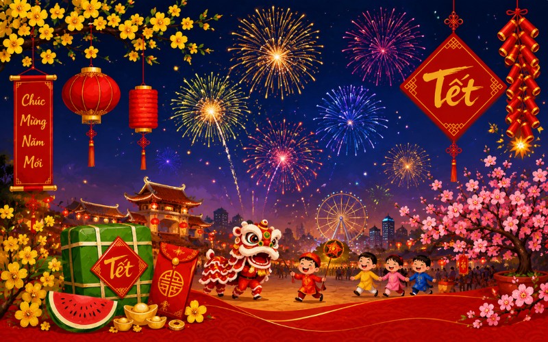 Background Tết vector phong cách pháo hoa lễ hội