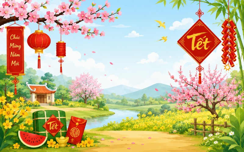 Background Tết vector phong cách thiên nhiên mùa xuân