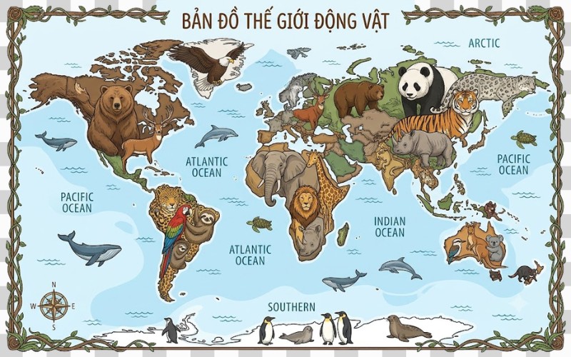 Bản đồ thế giới PNG kết hợp động vật