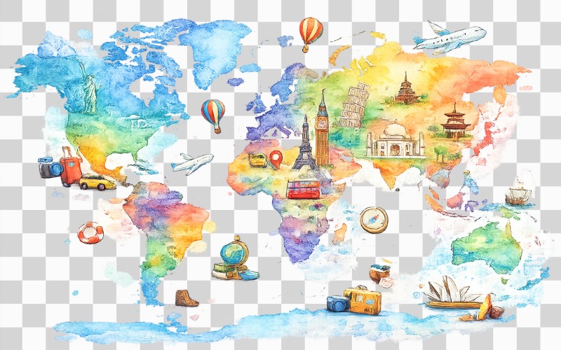 Bản đồ thế giới PNG kết hợp icon du lịch