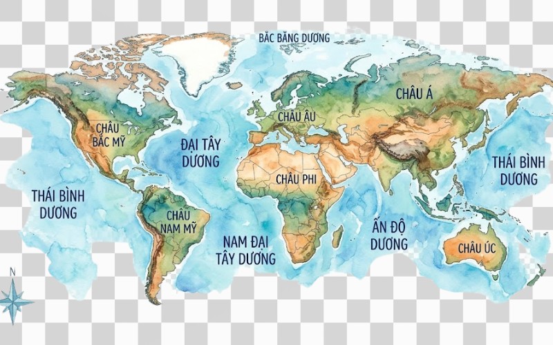 Bản đồ thế giới PNG phong cách màu nước
