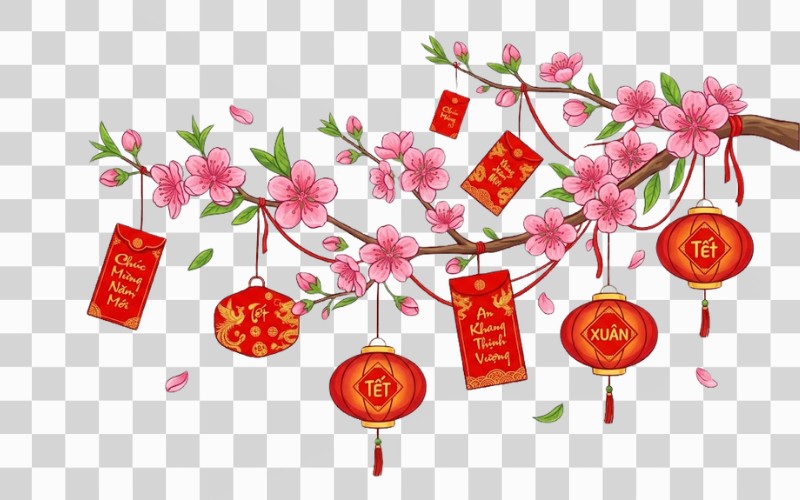 Cành đào vector kết hợp lì xì, đèn lồng