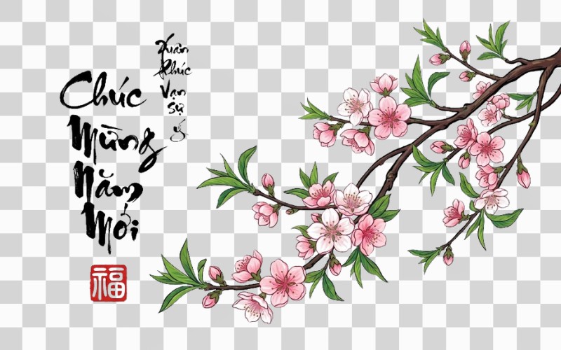 Cành đào vector kết hợp thư pháp