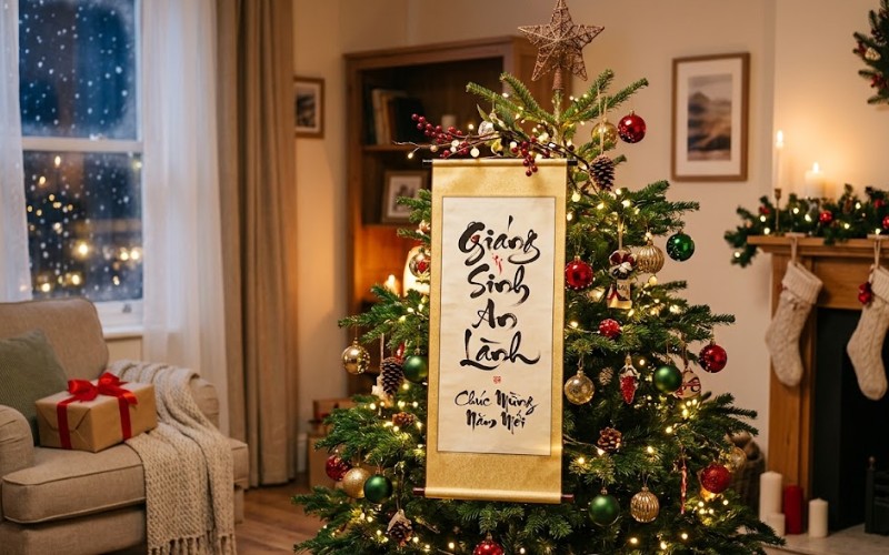 Cây thông Noel kết hợp chữ thư pháp