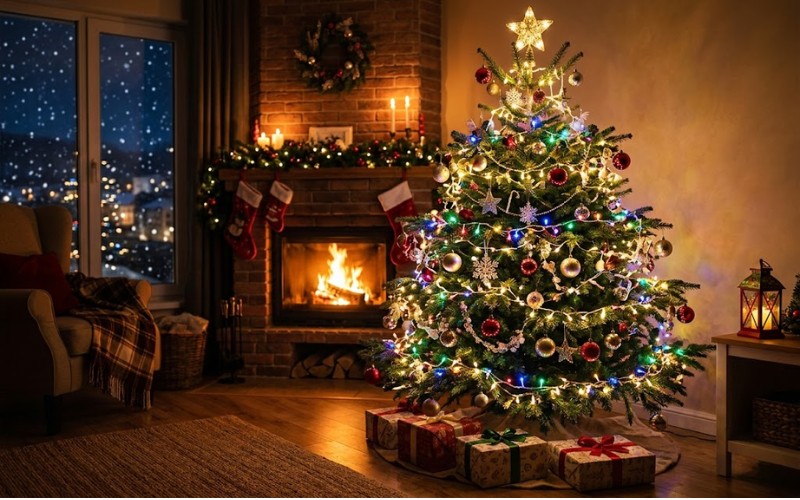 Cây thông Noel kết hợp đèn LED, dây đèn trang trí