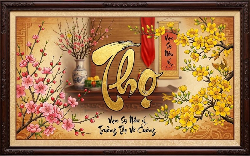 Chữ thọ kết hợp hoa mai – hoa đào