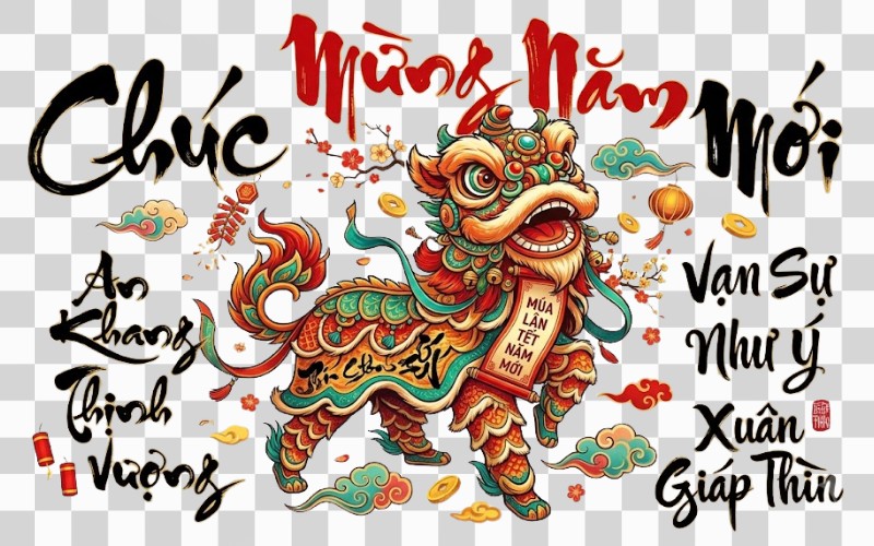 Con lân vector kết hợp chữ thư pháp