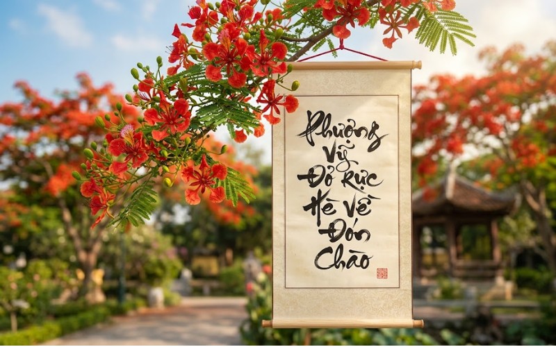 Hoa phượng kết hợp chữ thư pháp