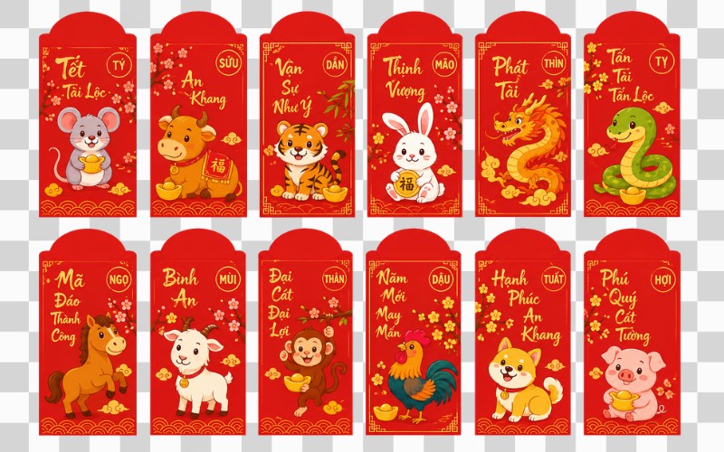 Lì xì vector Tết 12 con giáp