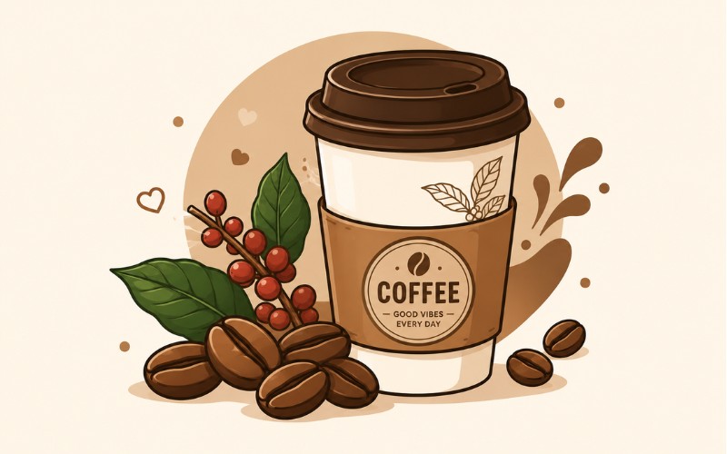 Ly coffee vector kết hợp hạt cà phê