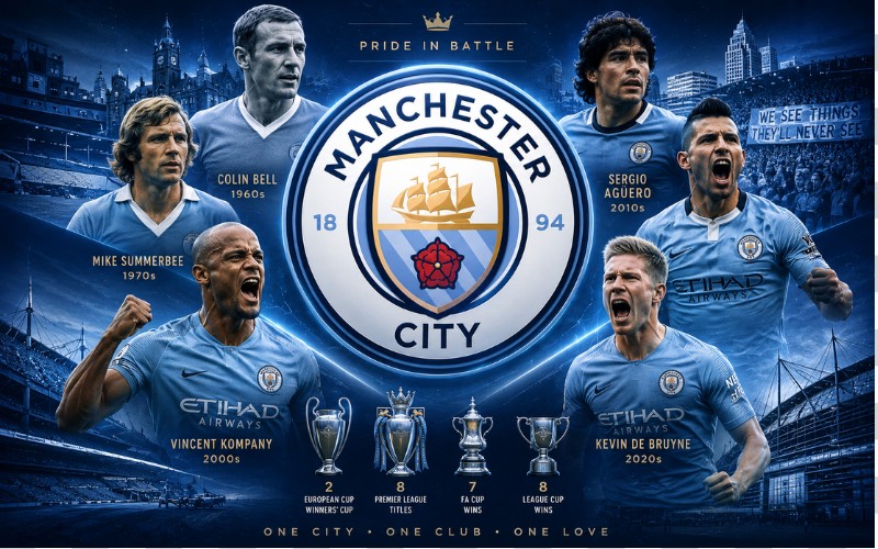 Manchester City logo theo cầu thủ & thời kỳ nổi bật