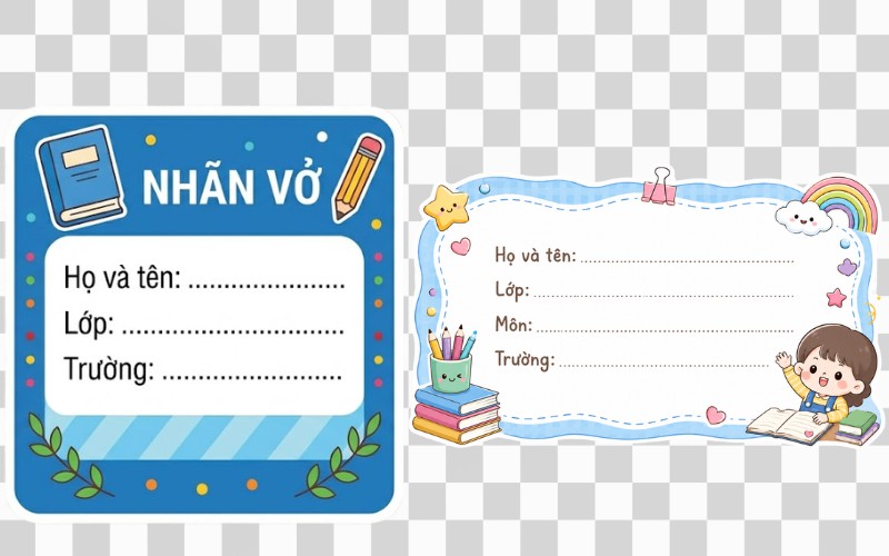 Nhãn vở phong cách dễ thương, học sinh
