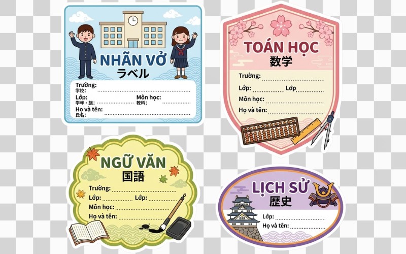 Nhãn vở vector phong cách học đường Nhật Bản