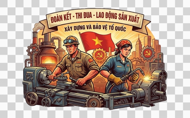 Tranh cổ động công nhân vector phong cách truyền thống