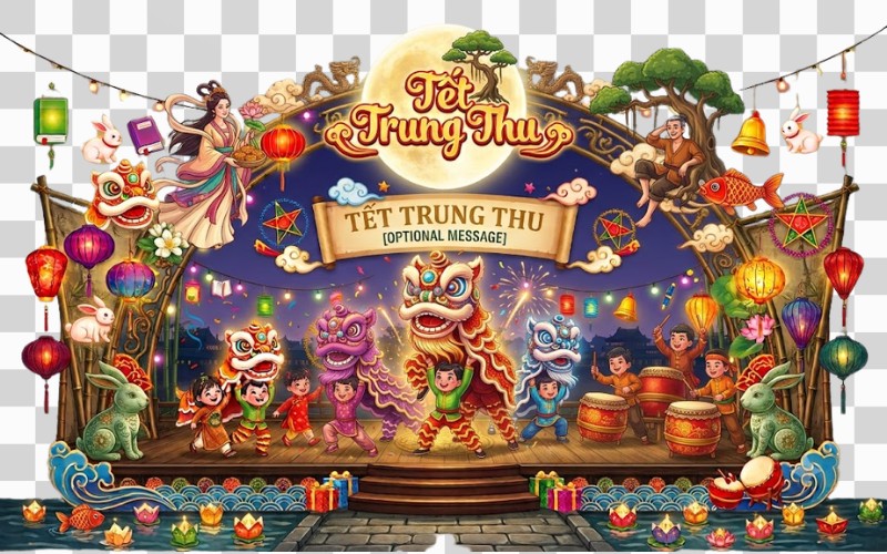 Backdrop trung thu PSD múa lân sôi động
