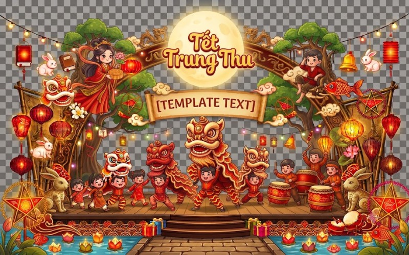 Backdrop trung thu PSD nhân vật chibi đáng yêu