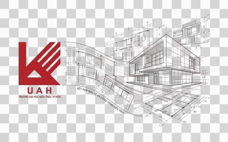 Logo UAH kết hợp bản vẽ và công trình kiến trúc