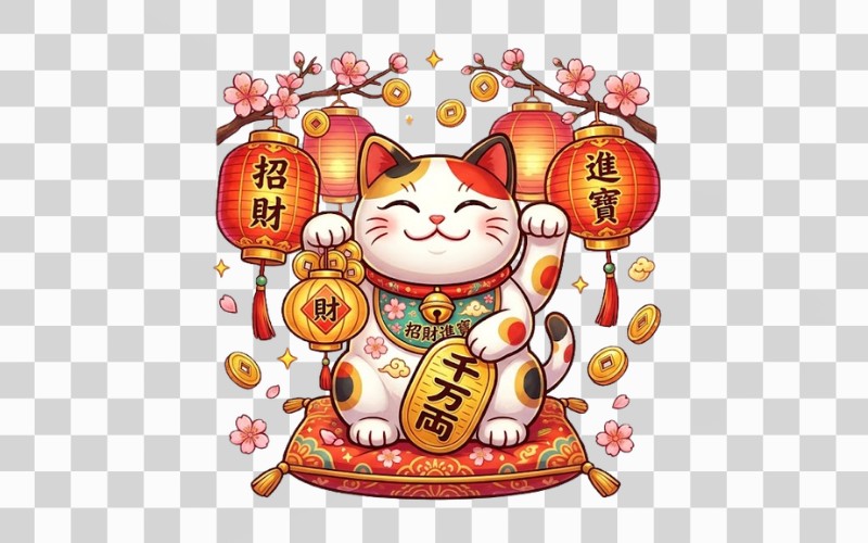 Mèo thần tài PNG kết hợp đèn lồng