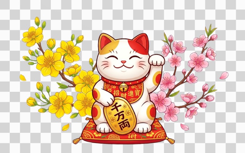 Mèo thần tài PNG kết hợp hoa mai – hoa đào