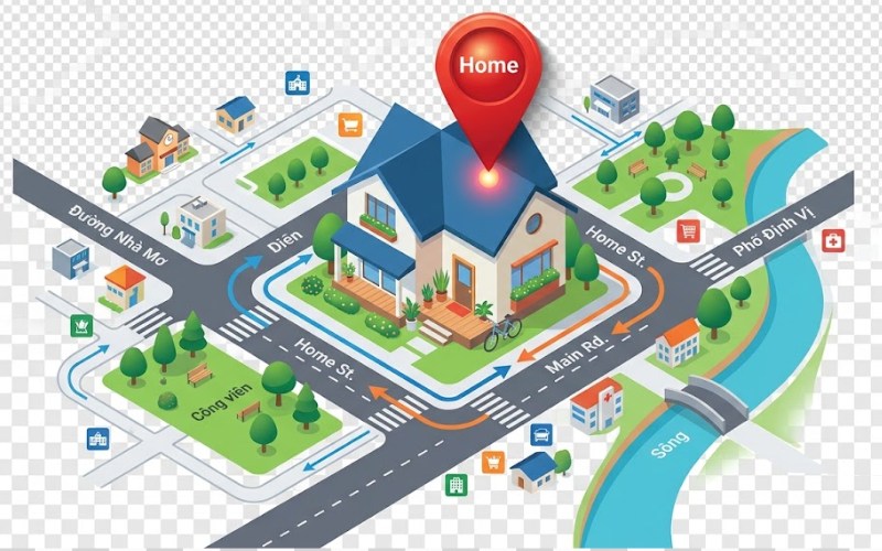 Ngôi nhà vector kết hợp bản đồ – định vị