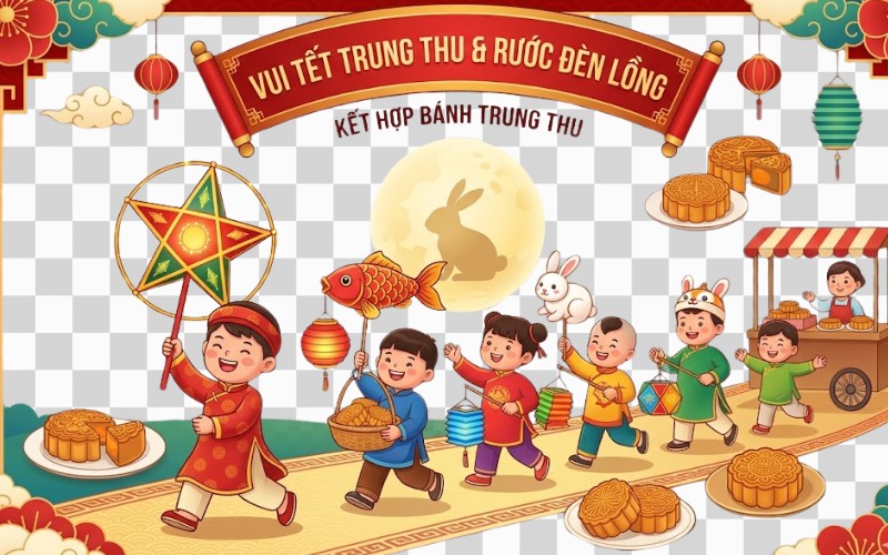 Rước đèn trung thu vector kết hợp bánh trung thu