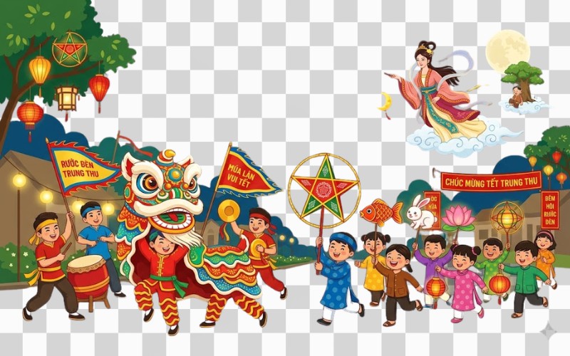 Rước đèn trung thu vector kết hợp lân – múa lân – chị hằng