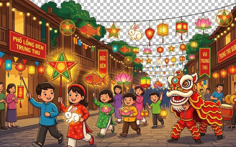 Rước đèn trung thu vector kết hợp phố lồng đèn