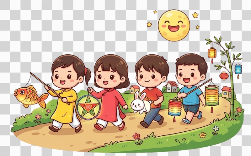 Rước đèn trung thu vector phong cách chibi – hoạt hình