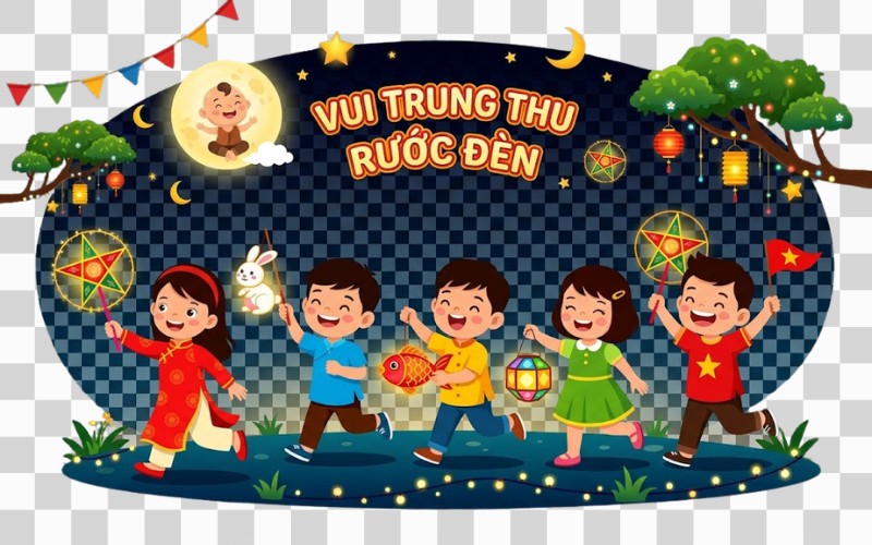 Rước đèn trung thu vector trẻ em vui chơi – lễ hội