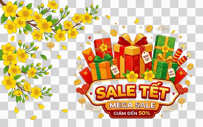 Vector hoa mai kết hợp hộp quà & sale