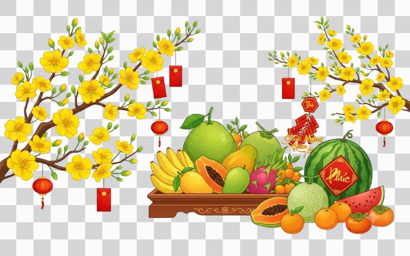 Vector hoa mai kết hợp trái cây ngày Tết