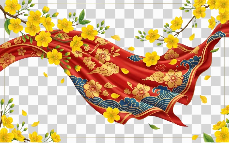 Vector hoa mai kết hợp vải lụa, họa tiết vải