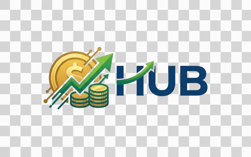 Logo HUB kết hợp biểu tượng đồng tiền và tăng trưởng