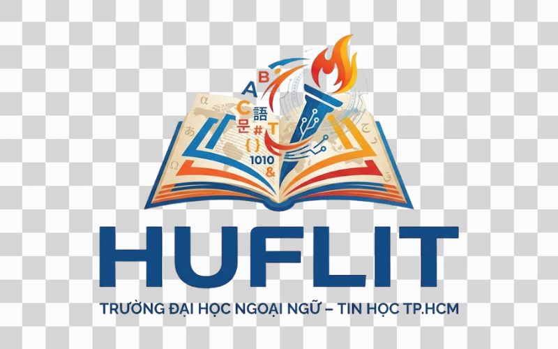 Logo HUFLIT kết hợp hình ảnh quyển sách ngoại ngữ