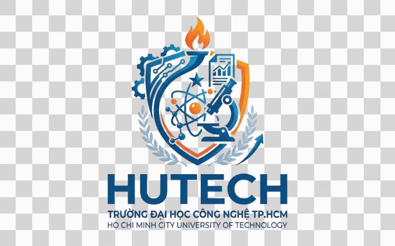 Logo HUTECH kết hợp biểu tượng khoa học và nghiên cứu